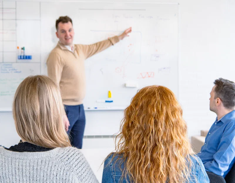 Person pointing at a whiteboard, explaining something to a group of people