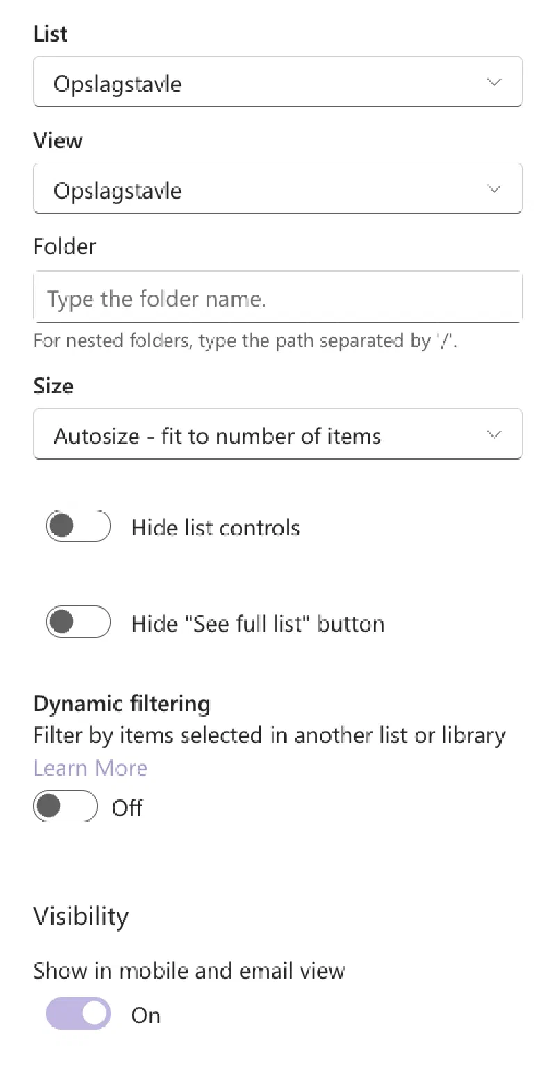 The finished web part settings with the gallery view selected