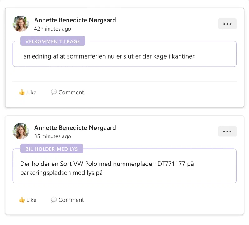 A SharePoint list item rendered as a card with a profile photo, a highlighted title and a like button