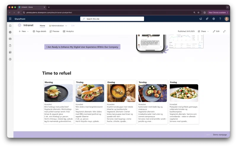 Picture of a SharePoint Online intranet canteen menu